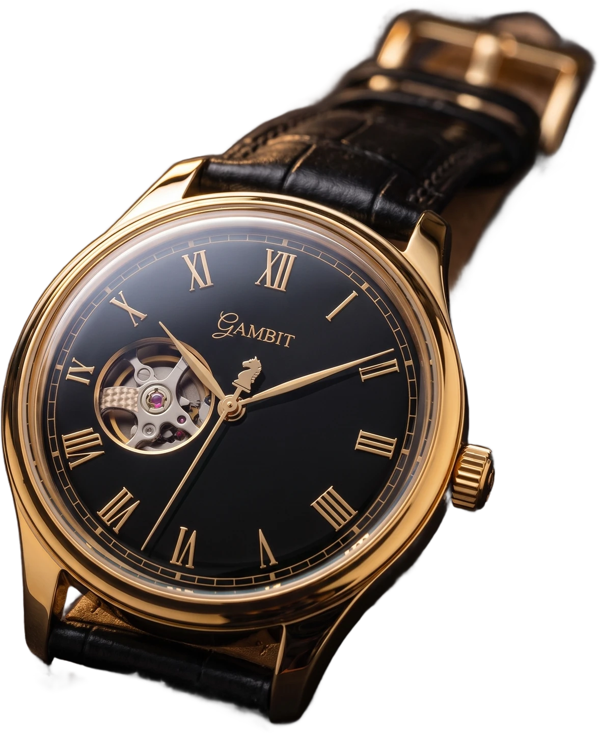 Gambit watch in black and gold, open heart dial with chess knight seconds
